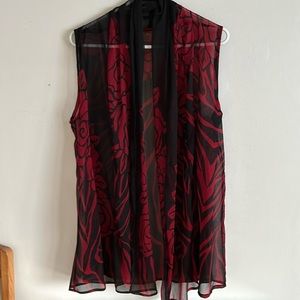 Sheer sleeveless red/black print long vest